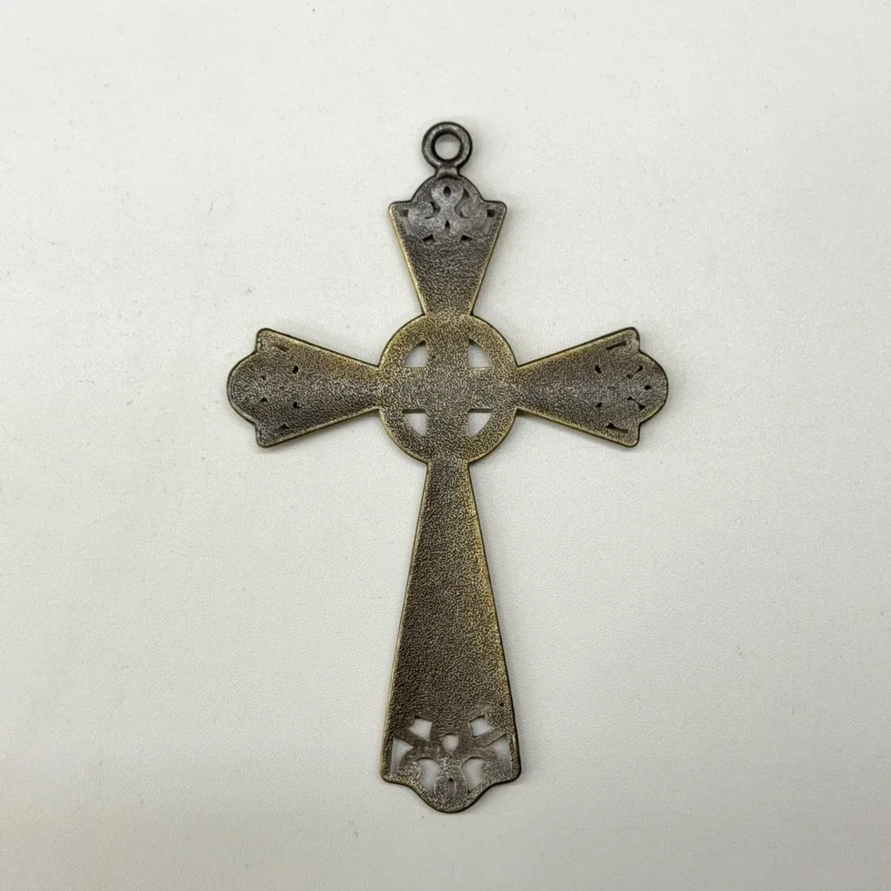Celtic Cross Ornament with Stand Antique‎ Brass Brown Enamel Rhinestone 5 Inch